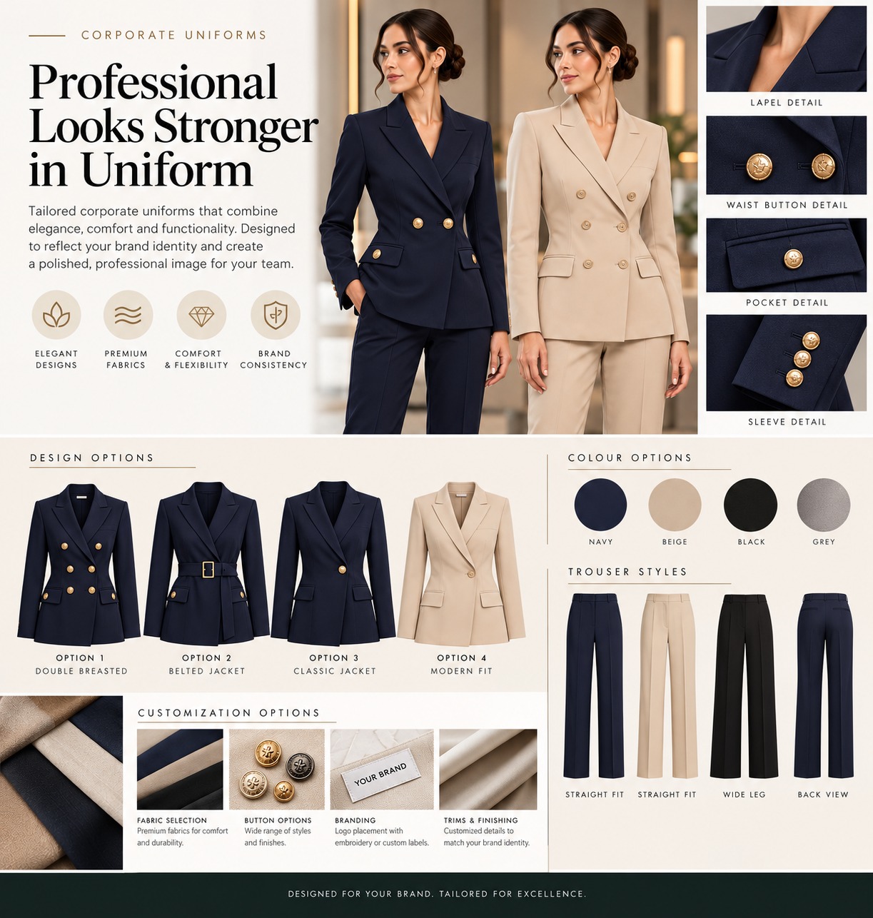 Tailored corporate uniforms, blazer designs and colour options